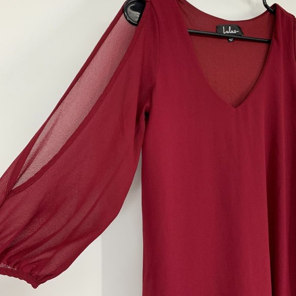 Lulus Dress Burgundy Red Mini V Neck Slit Sleeve Shifting Dears - Picture 5 of 11